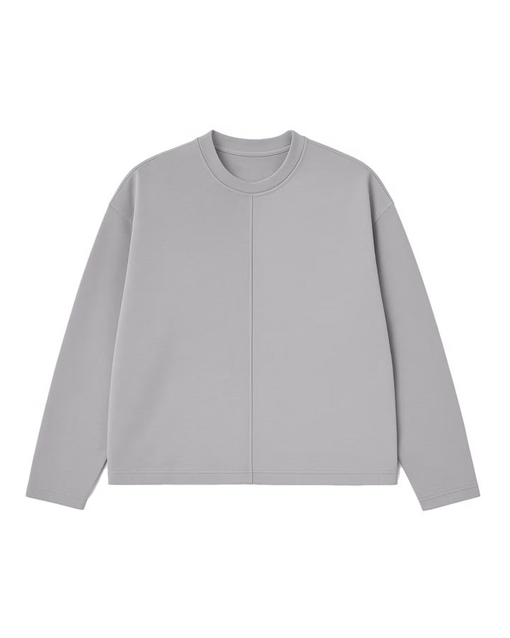 buzo justin gris de rustico de algodon color gris claro manga larga con cuello redondo y recorte central que divide textura rugosa de lisa