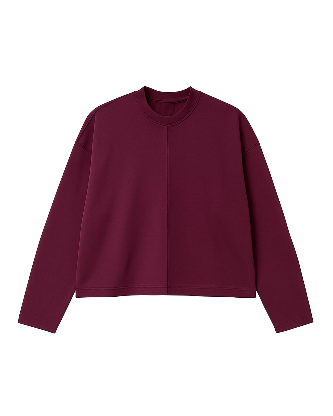 buzo de rustico de algodon color malbec manga larga con cuello redondo y recorte central que divide textura rugosa de lisa